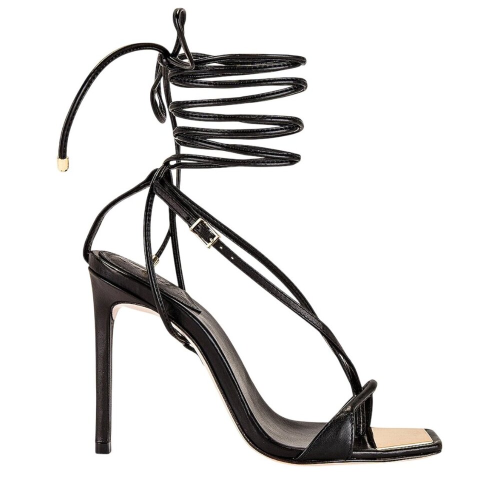 SCHUTZ Black Leather Wrap-Around Lace Stiletto Sandals
